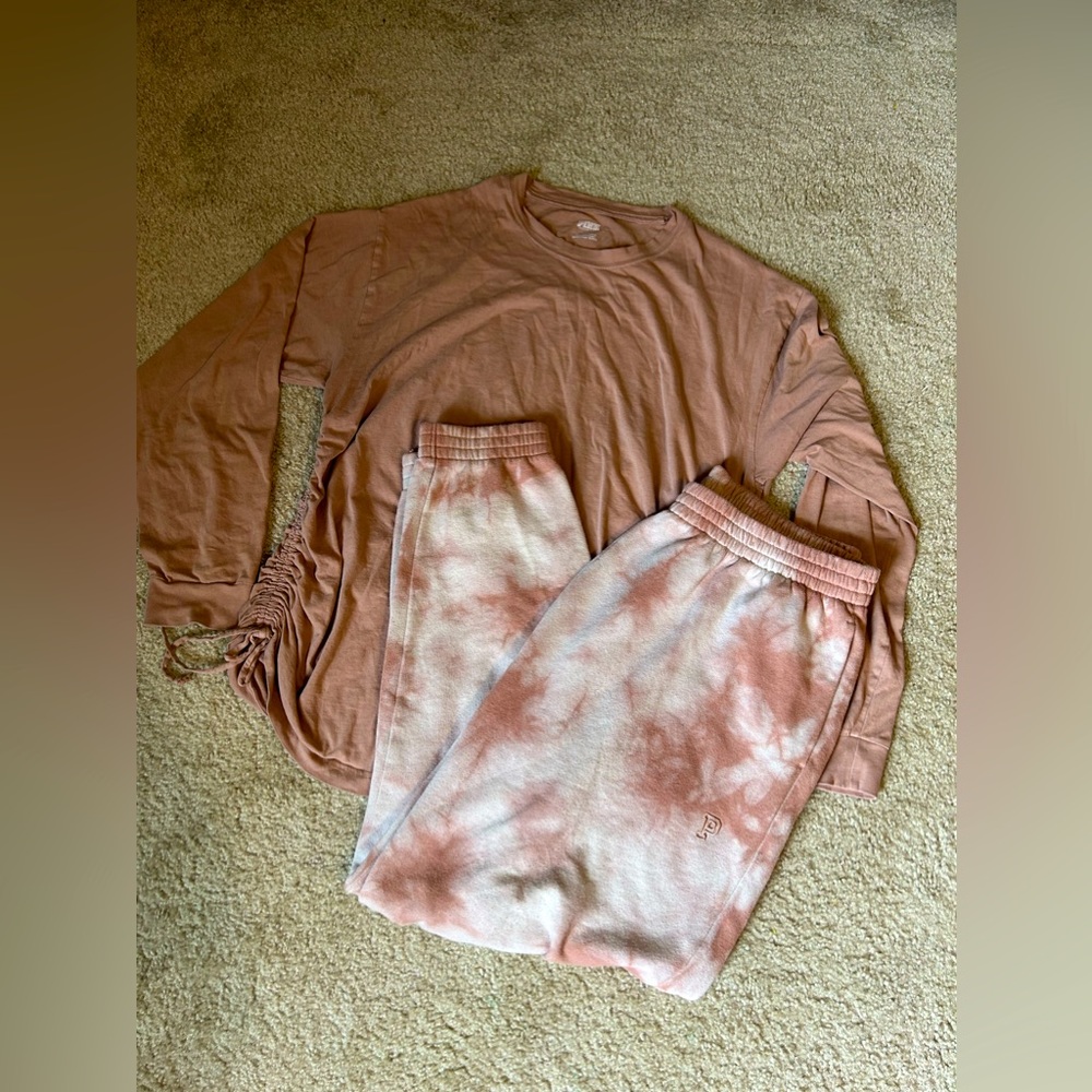 Beige Stucco Tie Dye VS PINK set - Varsity Sweat-pant & Tee Long Sleeve LARGE